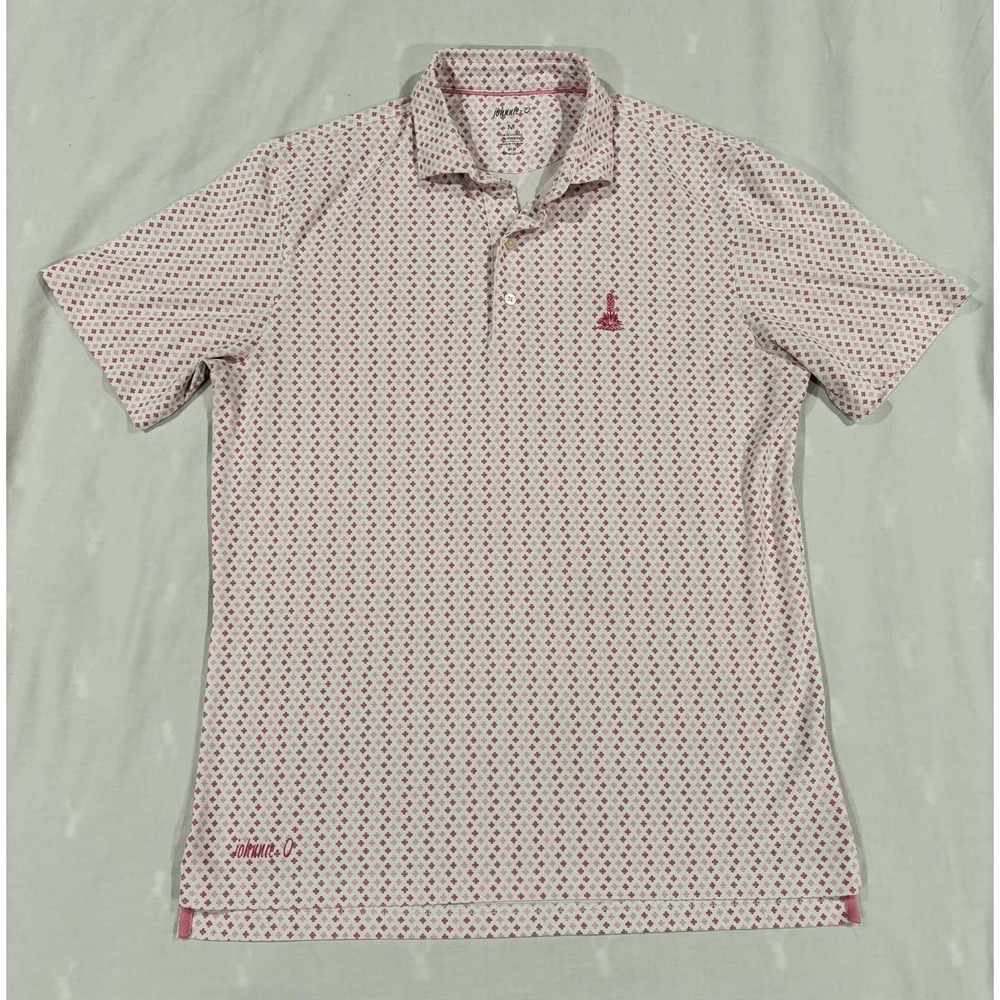Johnnie-O Mens Pink White Geometric Print Performance Polo Shirt Size M UPF 50
